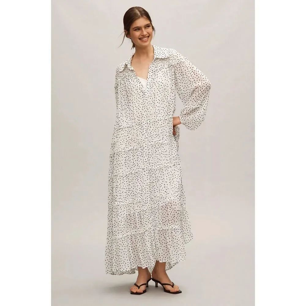 by ANTHROPOLOGIE sz S Long Sleeve Smocked Tiered Maxi Dress in polka dots